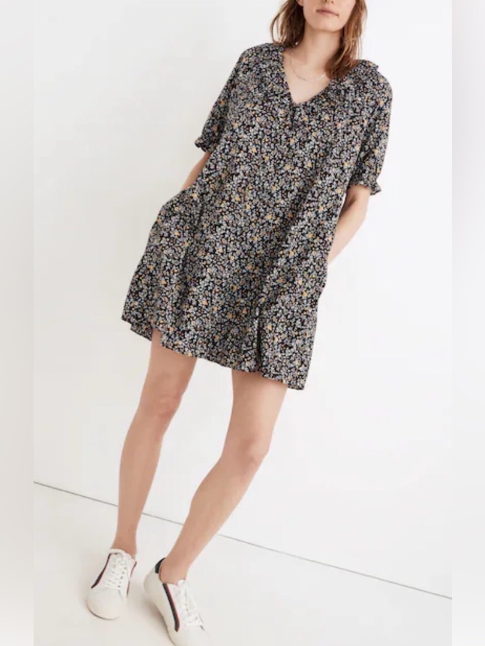Madewell Ruffle Button Front Black Floral Mini Dress Size Small